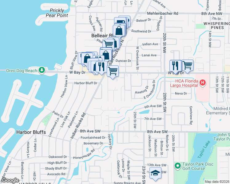 map of restaurants, bars, coffee shops, grocery stores, and more near 215 Valencia Boulevard in Belleair Bluffs
