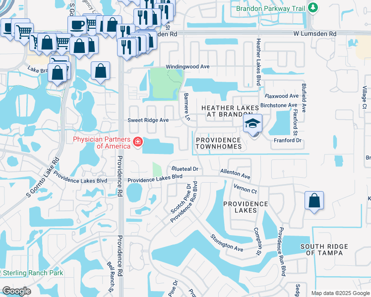 map of restaurants, bars, coffee shops, grocery stores, and more near 1441 Mohrlake Drive in Brandon