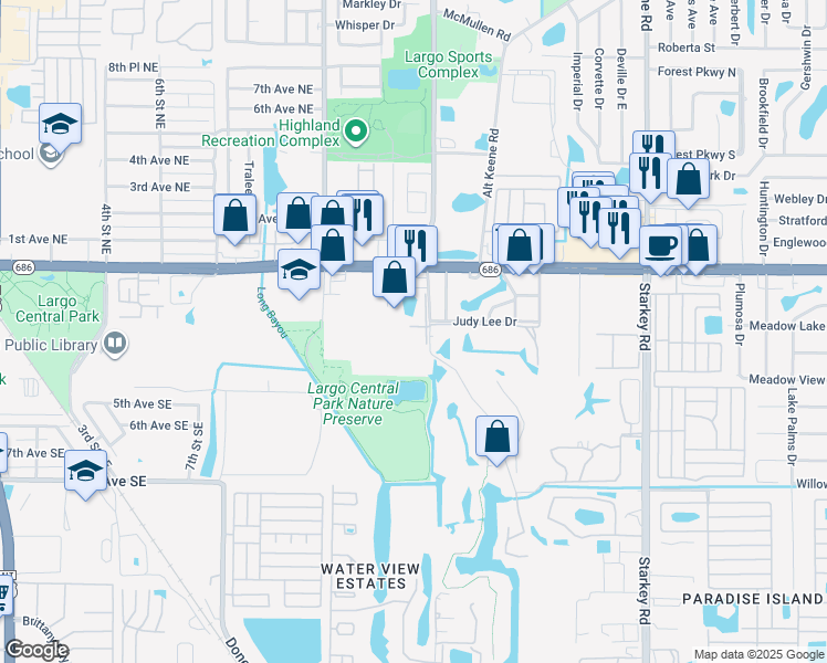map of restaurants, bars, coffee shops, grocery stores, and more near 200 Countryclub Drive in Largo