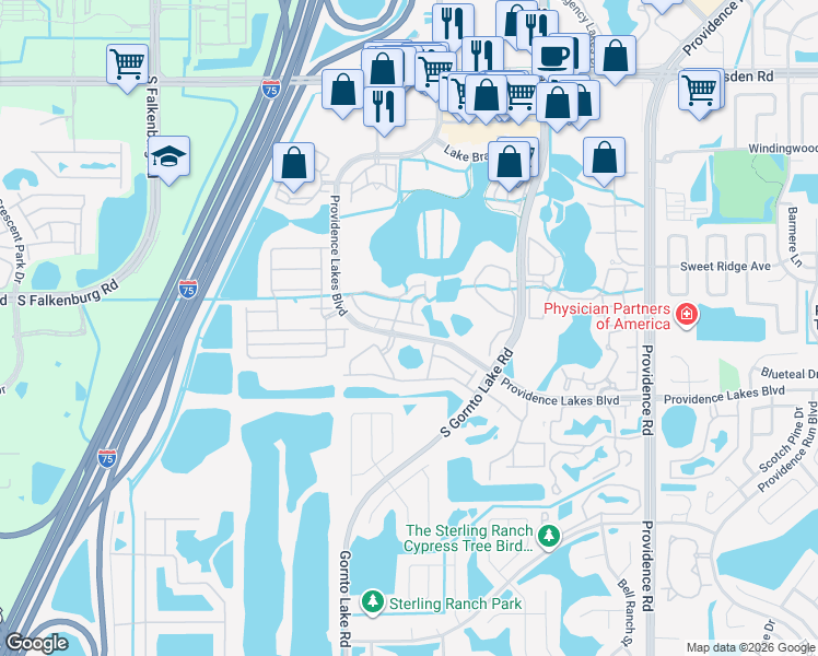 map of restaurants, bars, coffee shops, grocery stores, and more near 1340 Salem Orchard Lane in Brandon