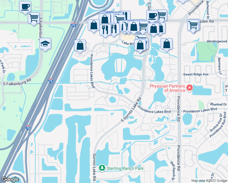 map of restaurants, bars, coffee shops, grocery stores, and more near 1340 Salem Orchard Lane in Brandon
