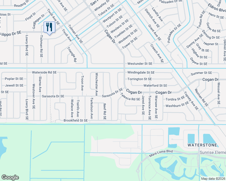 map of restaurants, bars, coffee shops, grocery stores, and more near 3168 Telesca Road Southeast in Palm Bay