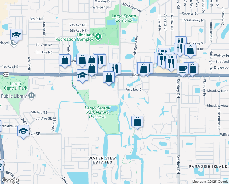 map of restaurants, bars, coffee shops, grocery stores, and more near 200 Countryclub Drive in Largo