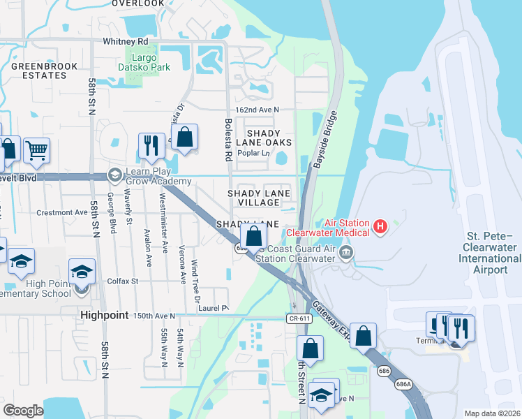 map of restaurants, bars, coffee shops, grocery stores, and more near 1036 Johns Street in Clearwater