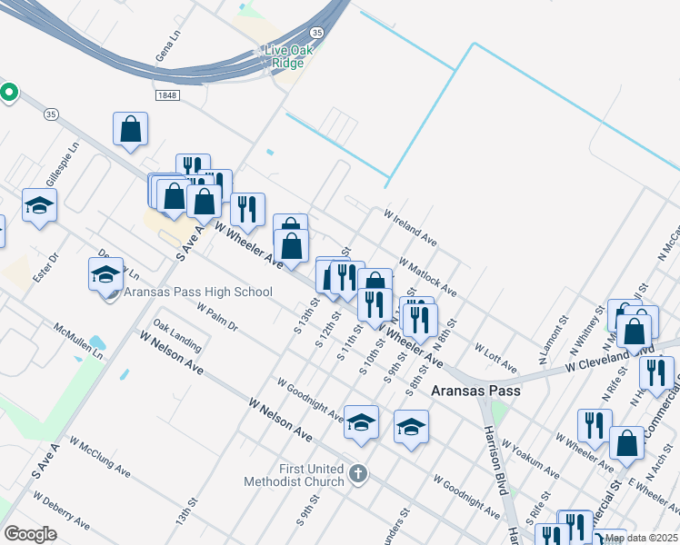 map of restaurants, bars, coffee shops, grocery stores, and more near 205 North 13th Street in Aransas Pass