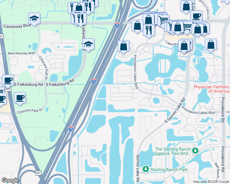 map of restaurants, bars, coffee shops, grocery stores, and more near 2806 Santego Bay Court in Brandon