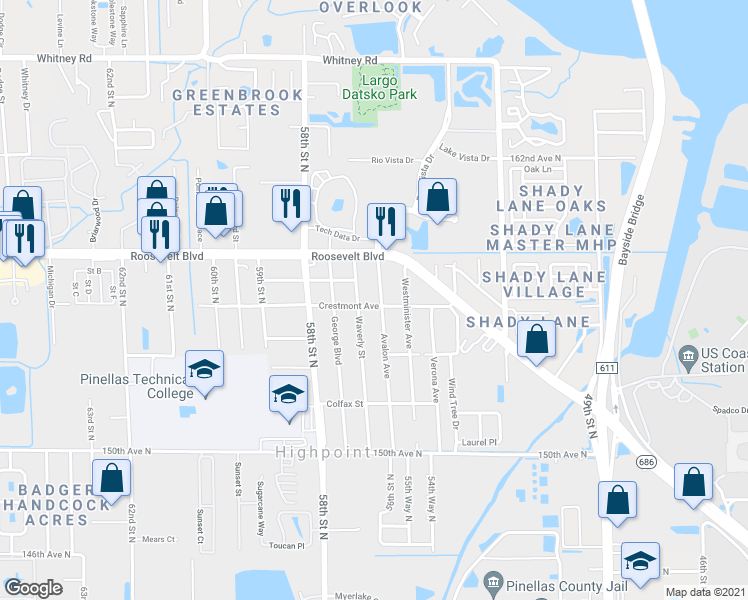 map of restaurants, bars, coffee shops, grocery stores, and more near 15661 Avalon Avenue in Clearwater