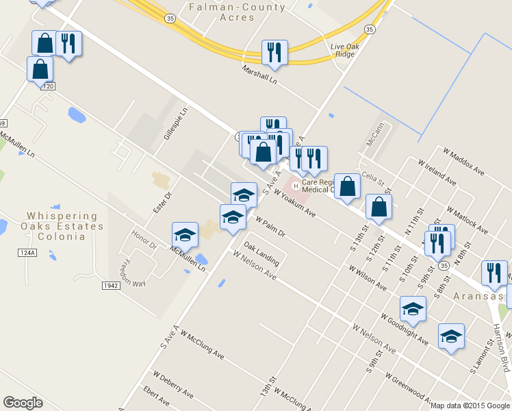 map of restaurants, bars, coffee shops, grocery stores, and more near 302 South Ave A in Aransas Pass