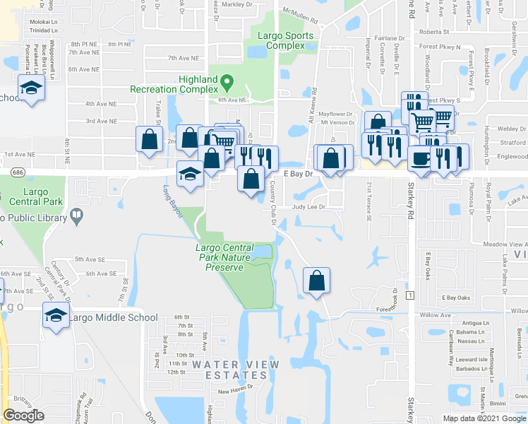 map of restaurants, bars, coffee shops, grocery stores, and more near 200 Countryclub Drive in Largo