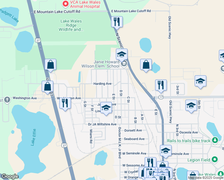 map of restaurants, bars, coffee shops, grocery stores, and more near 331 E Street in Lake Wales
