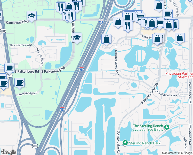 map of restaurants, bars, coffee shops, grocery stores, and more near 1309 Mallory Sail Place in Brandon