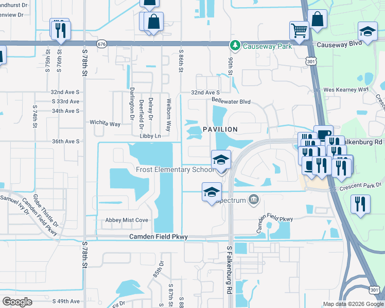 map of restaurants, bars, coffee shops, grocery stores, and more near 9042 Egret Cove Circle in Riverview