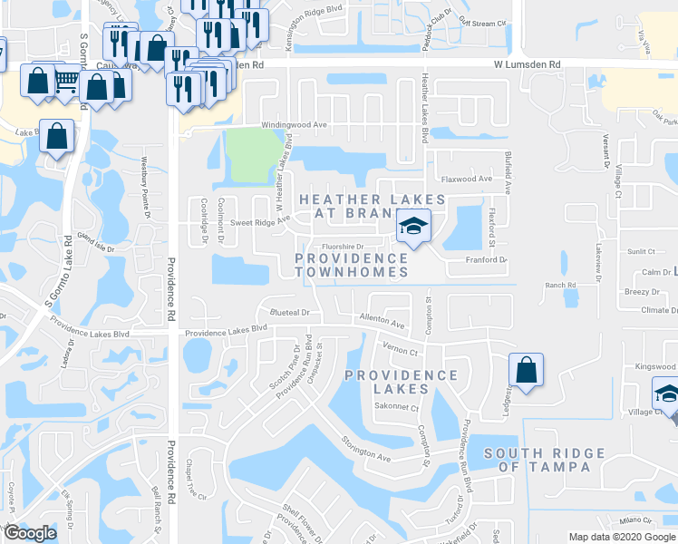 map of restaurants, bars, coffee shops, grocery stores, and more near 1341 Twilridge Place in Brandon