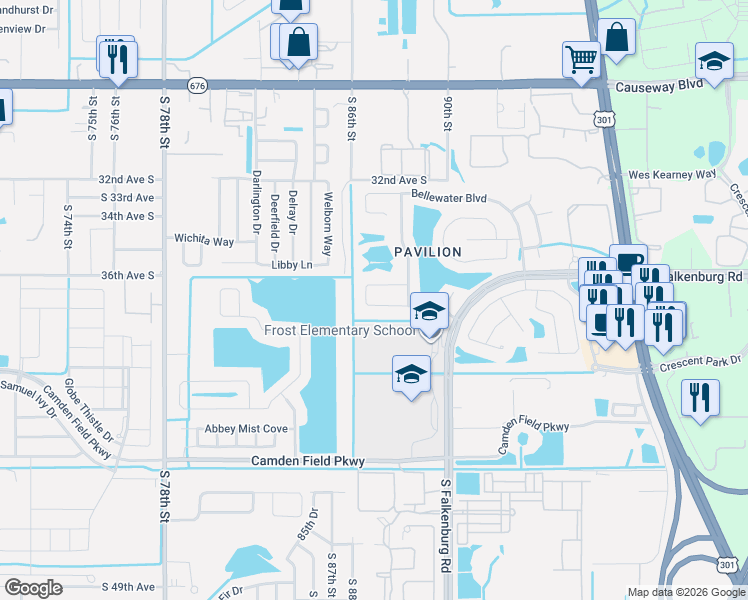 map of restaurants, bars, coffee shops, grocery stores, and more near 9042 Egret Cove Circle in Riverview