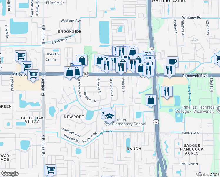 map of restaurants, bars, coffee shops, grocery stores, and more near 15673 Darien Way in Clearwater
