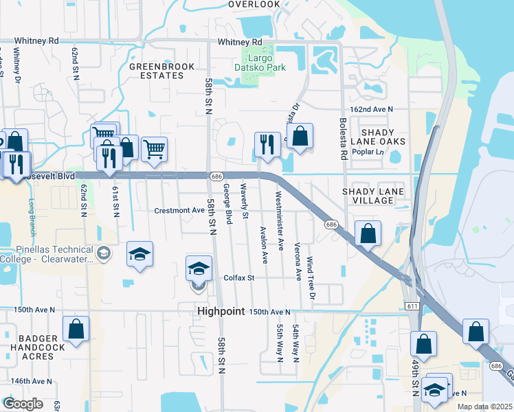 map of restaurants, bars, coffee shops, grocery stores, and more near 15616 Avalon Avenue in Clearwater