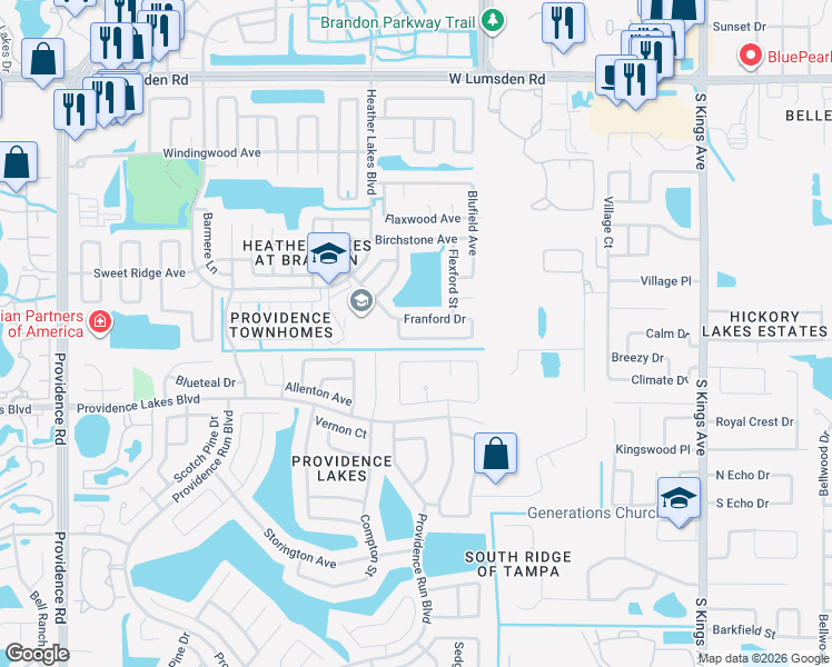 map of restaurants, bars, coffee shops, grocery stores, and more near 1211 Franford Drive in Brandon