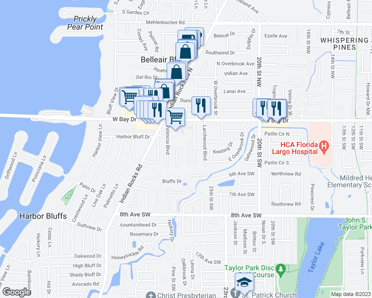 map of restaurants, bars, coffee shops, grocery stores, and more near 240 Twin Lake Drive in Belleair Bluffs