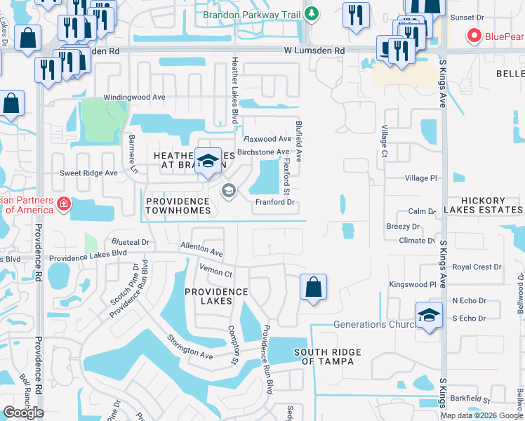map of restaurants, bars, coffee shops, grocery stores, and more near 1211 Franford Drive in Brandon