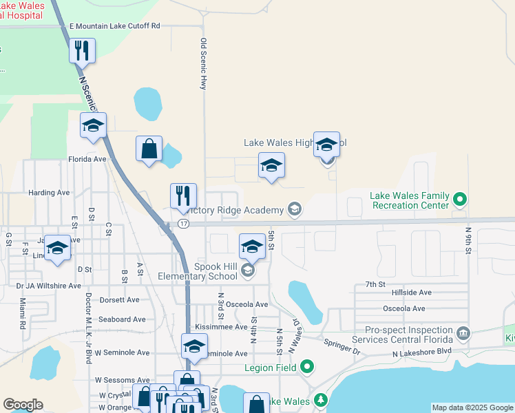 map of restaurants, bars, coffee shops, grocery stores, and more near 555 Burns Avenue in Lake Wales