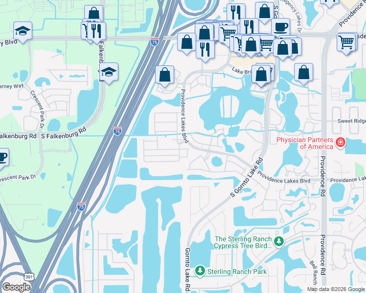 map of restaurants, bars, coffee shops, grocery stores, and more near 2614 Indigo Coast Way in Brandon