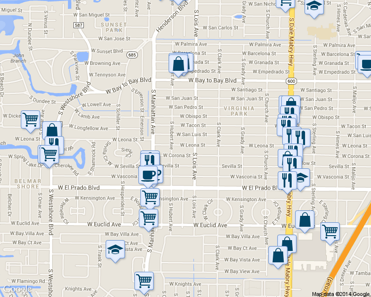 map of restaurants, bars, coffee shops, grocery stores, and more near 4209 West Leona Street in Tampa