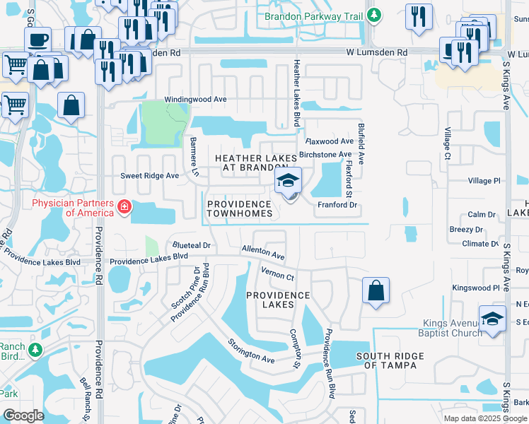map of restaurants, bars, coffee shops, grocery stores, and more near 2225 Fluorshire Drive in Brandon