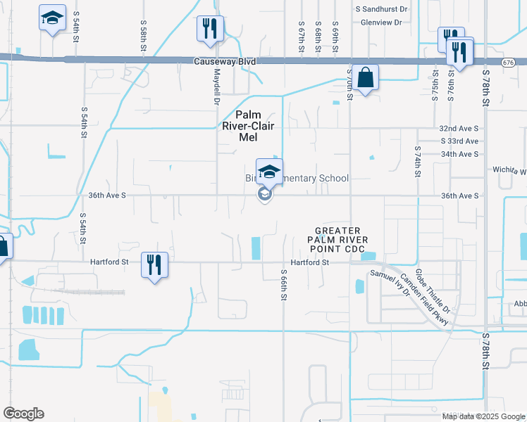 map of restaurants, bars, coffee shops, grocery stores, and more near 6409 36th Avenue South in Tampa