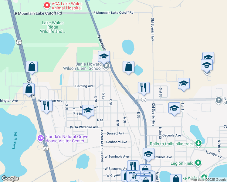 map of restaurants, bars, coffee shops, grocery stores, and more near 338 C Street in Lake Wales