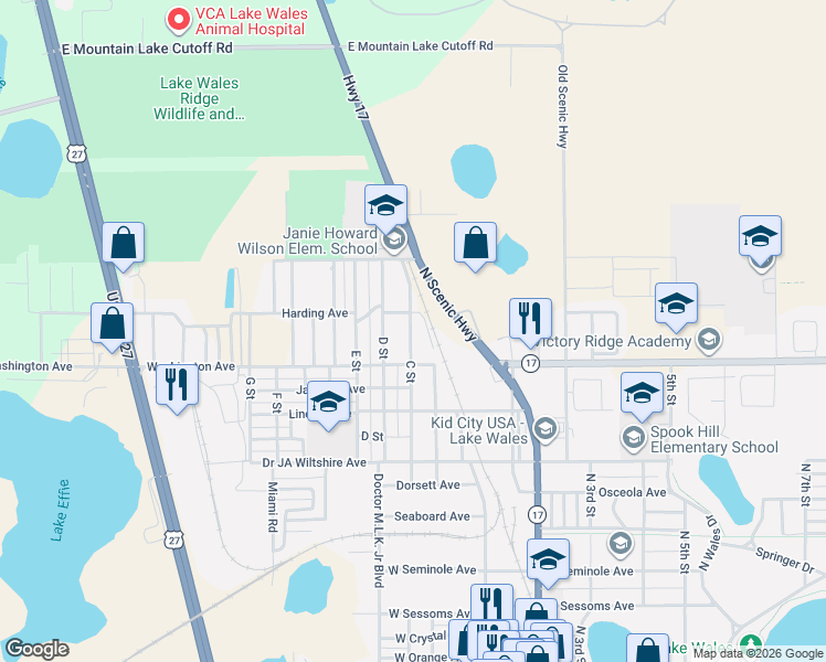map of restaurants, bars, coffee shops, grocery stores, and more near 338 C Street in Lake Wales