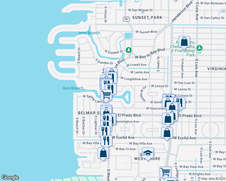 map of restaurants, bars, coffee shops, grocery stores, and more near 4706 West Leona Street in Tampa