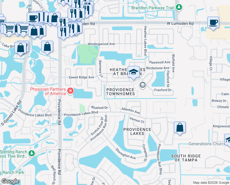 map of restaurants, bars, coffee shops, grocery stores, and more near 1315 Twilridge Place in Brandon