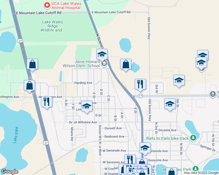map of restaurants, bars, coffee shops, grocery stores, and more near 338 C Street in Lake Wales