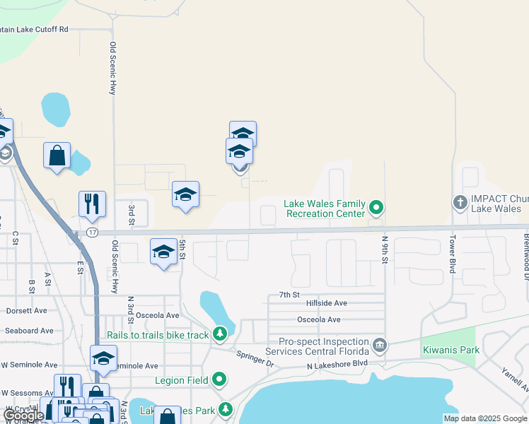 map of restaurants, bars, coffee shops, grocery stores, and more near 1129 View Pointe Circle in Lake Wales