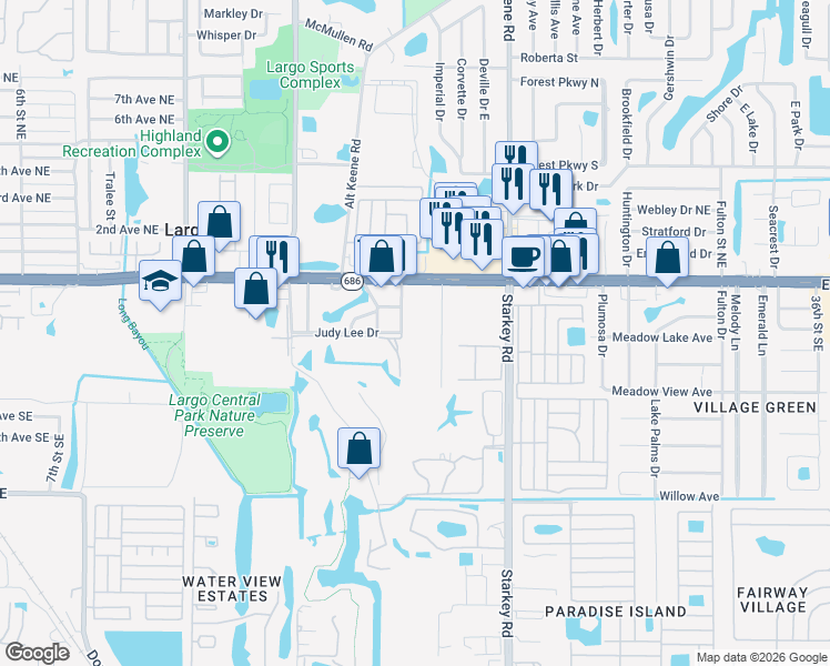 map of restaurants, bars, coffee shops, grocery stores, and more near 2045 East Bay Drive in Largo