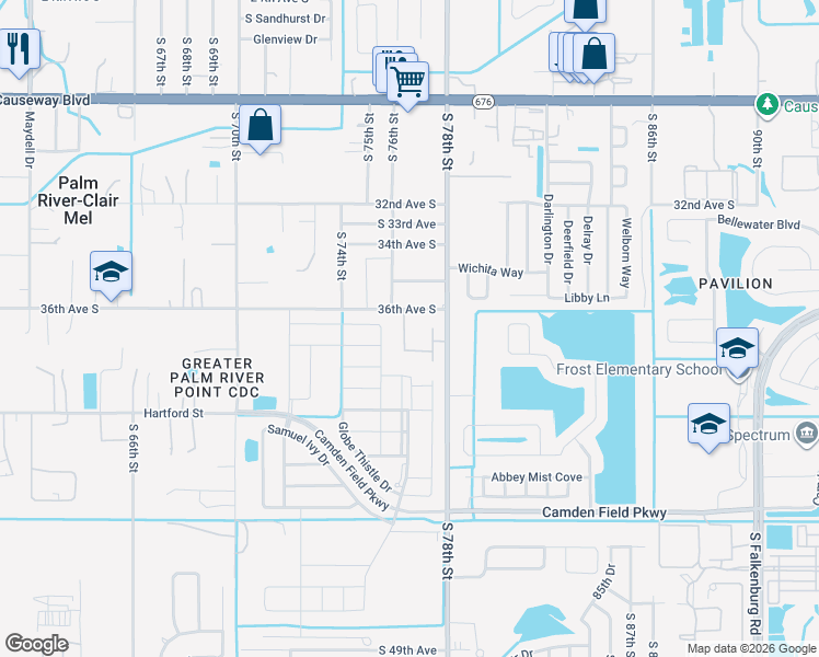 map of restaurants, bars, coffee shops, grocery stores, and more near 7601 36th Avenue South in Tampa