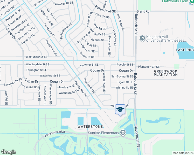 map of restaurants, bars, coffee shops, grocery stores, and more near 3116 Wendel Road Southeast in Palm Bay