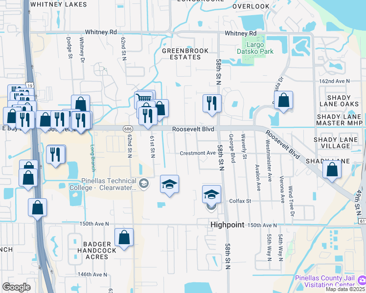 map of restaurants, bars, coffee shops, grocery stores, and more near 15659 Morgan Street in Clearwater
