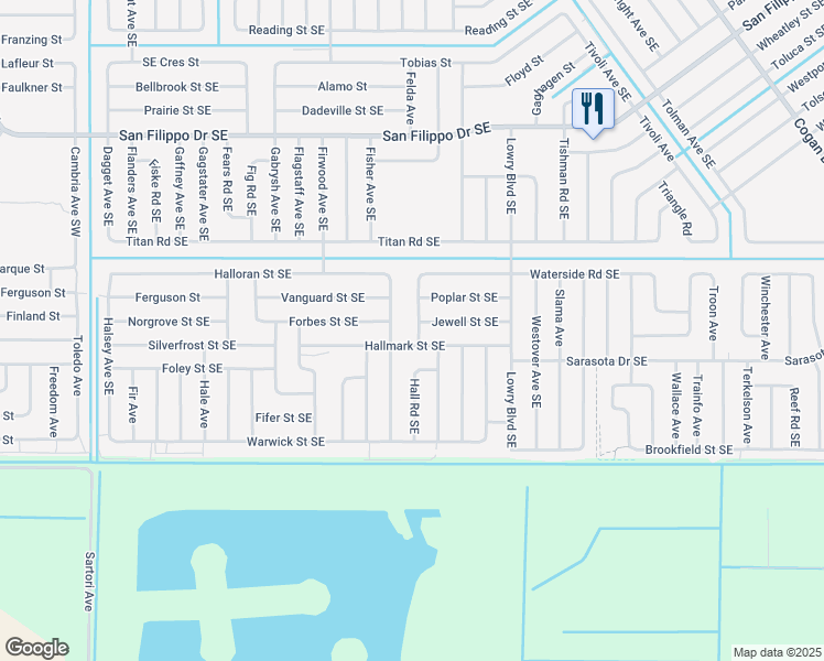 map of restaurants, bars, coffee shops, grocery stores, and more near 3188 Foremere Avenue Southeast in Palm Bay