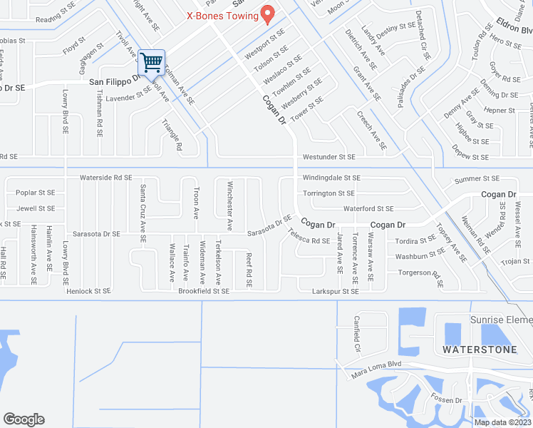 map of restaurants, bars, coffee shops, grocery stores, and more near 3179 Tropical Circle Southeast in Palm Bay