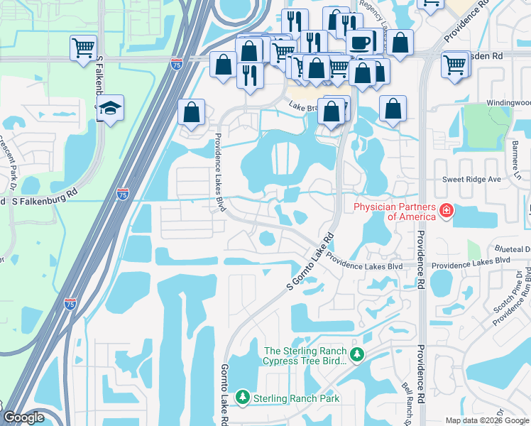 map of restaurants, bars, coffee shops, grocery stores, and more near 1340 Salem Orchard Lane in Brandon