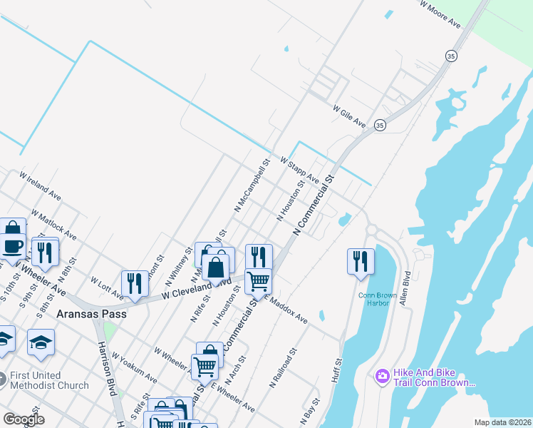 map of restaurants, bars, coffee shops, grocery stores, and more near 239 West Blossom Avenue in Aransas Pass