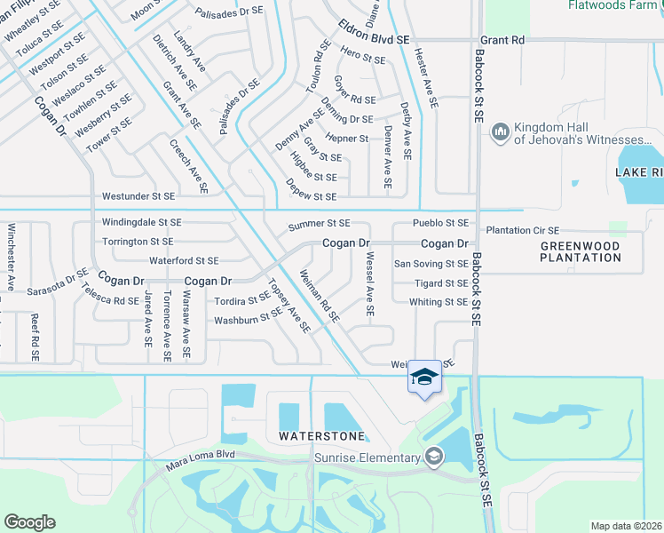 map of restaurants, bars, coffee shops, grocery stores, and more near 3116 Wendel Road Southeast in Palm Bay