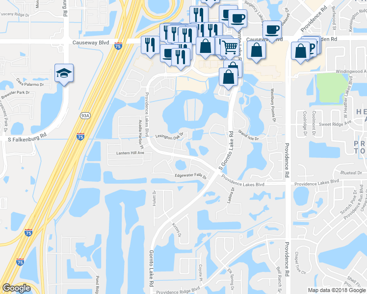 map of restaurants, bars, coffee shops, grocery stores, and more near 1338 Salem Orchard Lane in Brandon
