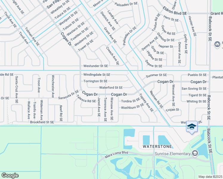 map of restaurants, bars, coffee shops, grocery stores, and more near 1218 Waterford St SE in Palm Bay