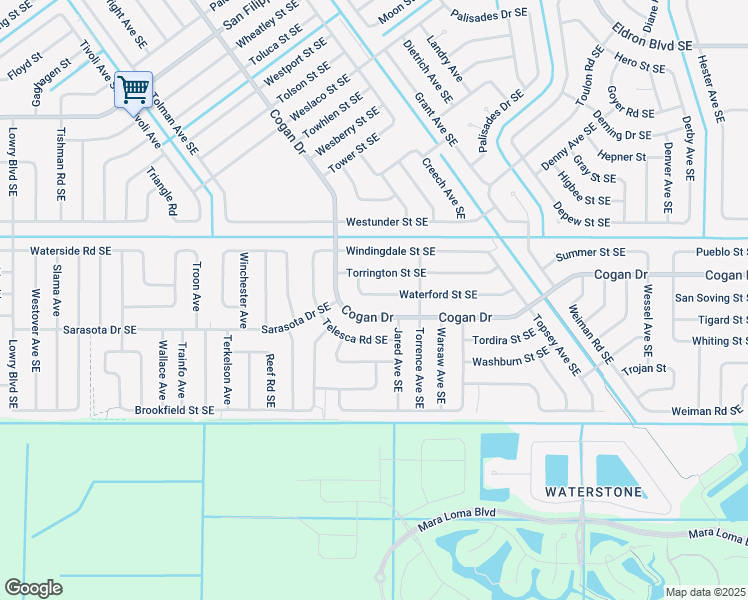map of restaurants, bars, coffee shops, grocery stores, and more near 1150 Waterford Street Southeast in Palm Bay