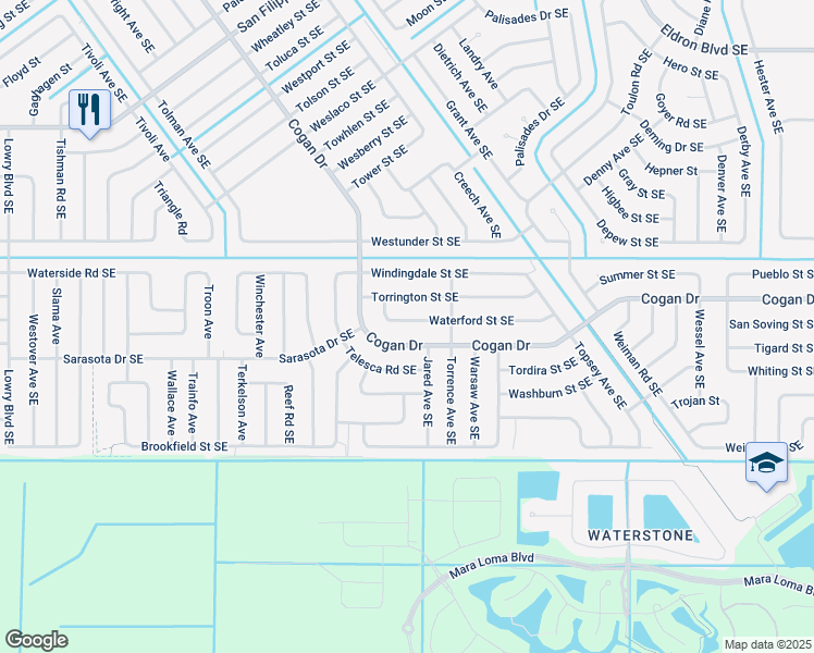 map of restaurants, bars, coffee shops, grocery stores, and more near 1150 Waterford Street Southeast in Palm Bay