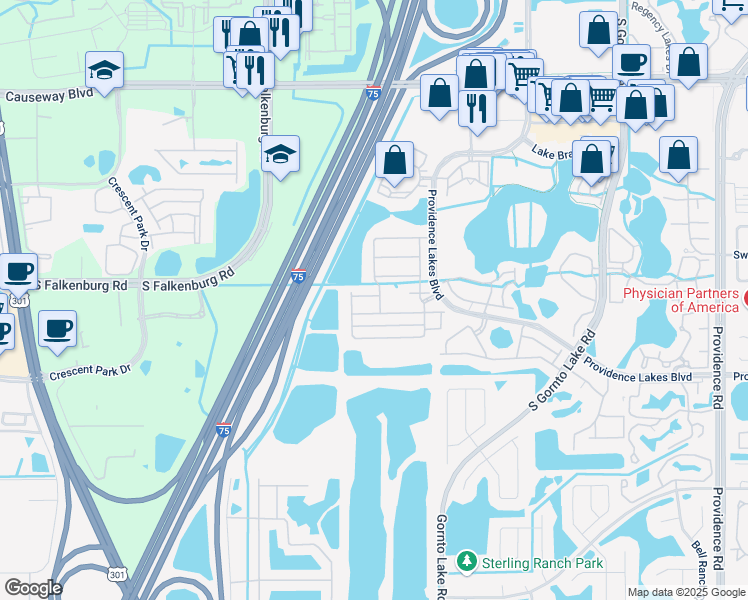 map of restaurants, bars, coffee shops, grocery stores, and more near 2806 Santego Bay Court in Brandon