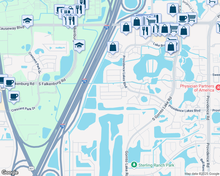 map of restaurants, bars, coffee shops, grocery stores, and more near 2806 Santego Bay Court in Brandon