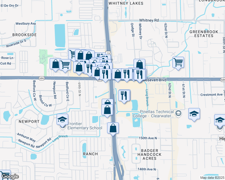 map of restaurants, bars, coffee shops, grocery stores, and more near US Highway 19 North in Clearwater